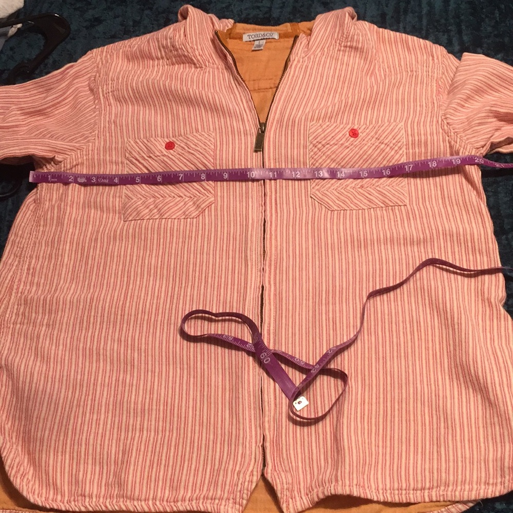 Toad&Co Pink Striped Hooded Shirt Jacket with Mustard Trim - Picture 11 of 12
